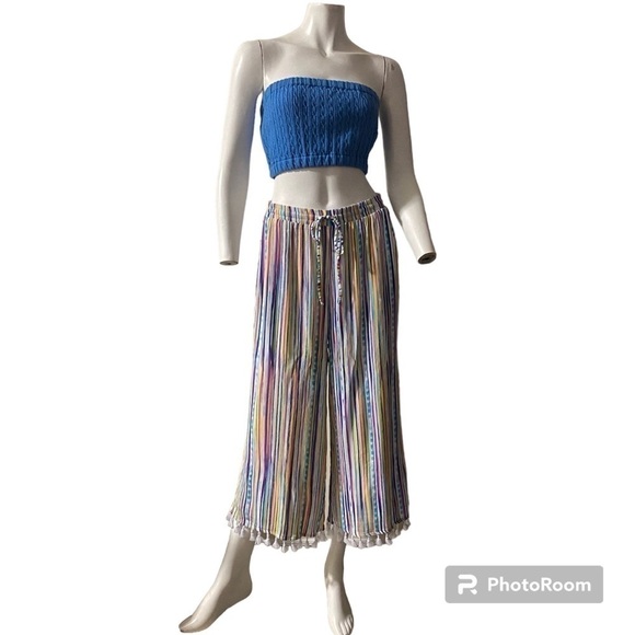 Hailey Lyn Rainbow Stripe Wide Leg Tassel Pants Multicolor Drawstring Sz Large - Picture 3 of 9